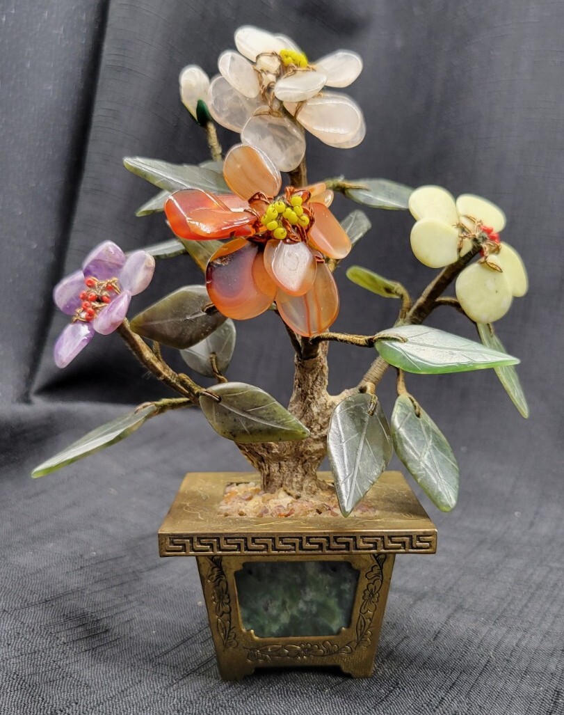 Vintage Carved Jade / Gemstone Bonsai Tree w/ Brass Base, MCM, Made in Hong Kong