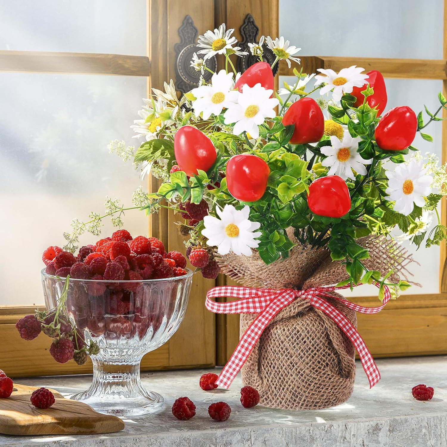 6 Pack Faux Strawberry Centerpieces in Burlap Vase for Parties & Home Decor
