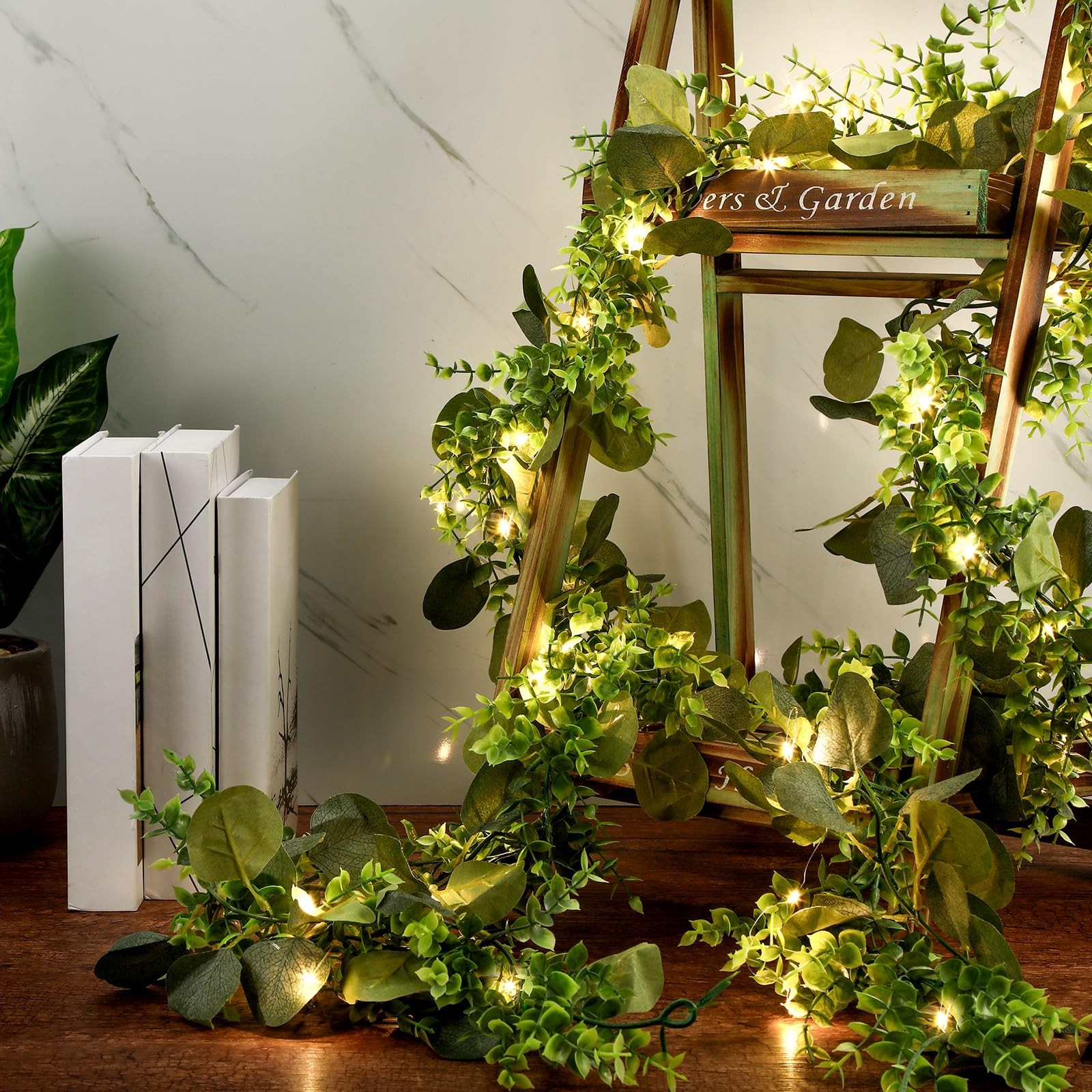 2 Pack 6 ft Artificial Eucalyptus Garland with Lights Spring Summer Green Fau…