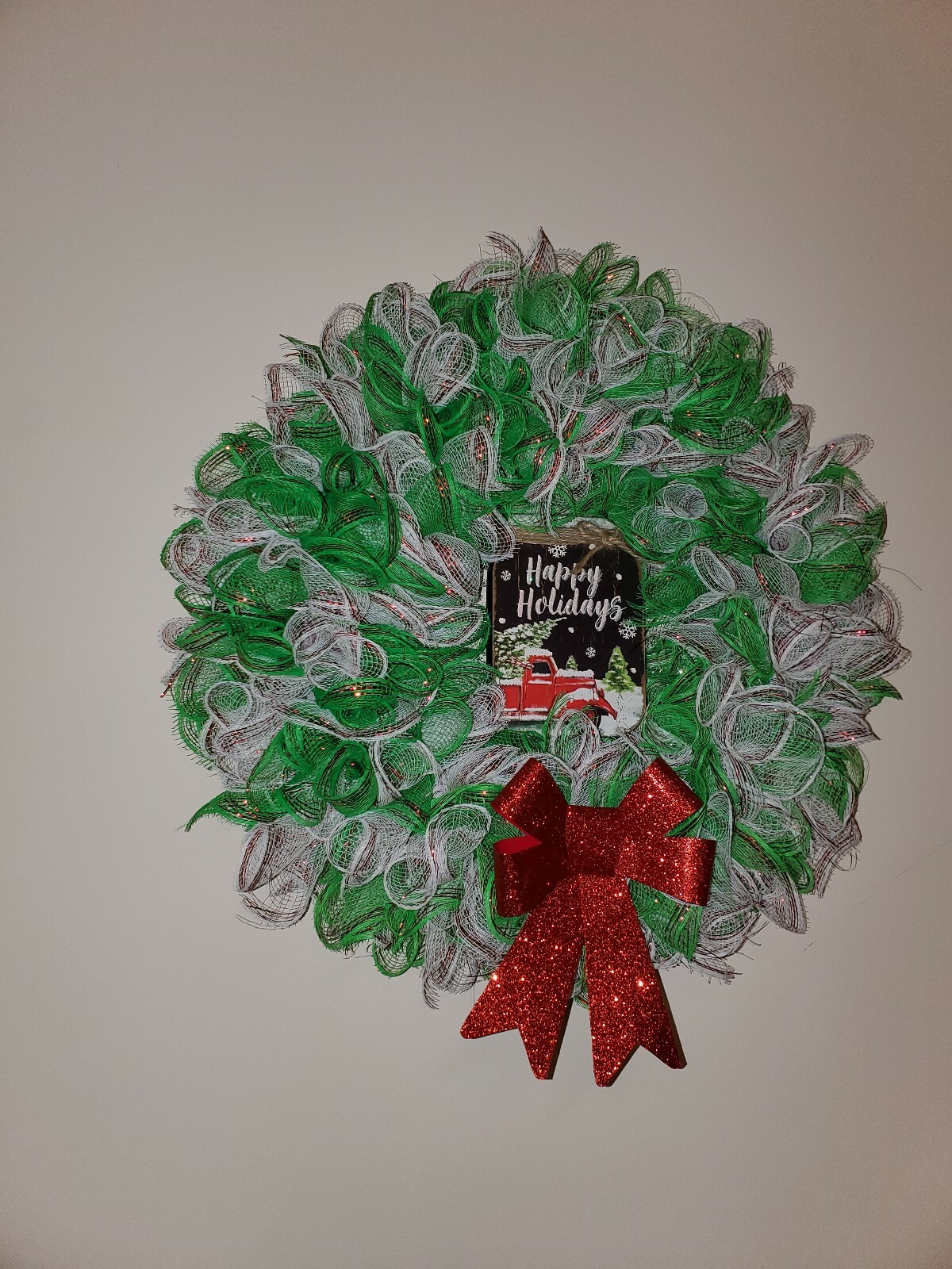 HAPPY HOLIDAYS green white Deco Mesh Front Door Wreath Wall Decoration CHRISTMAS