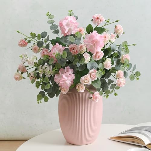 10pcs Faux Silk Rose Artificial Flowers, Bulk Fake Eucalyptus with Pink Rose