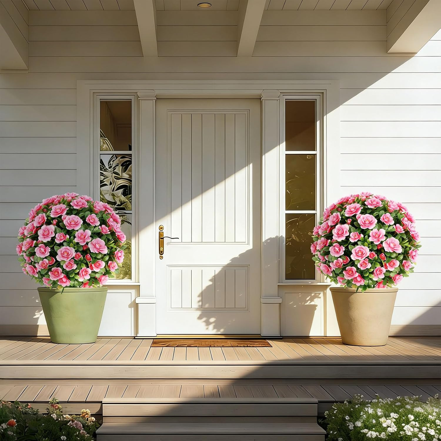 2 Pack UV Resistant Pink Crabapple Blossom Topiary Trees for Outdoor Decor