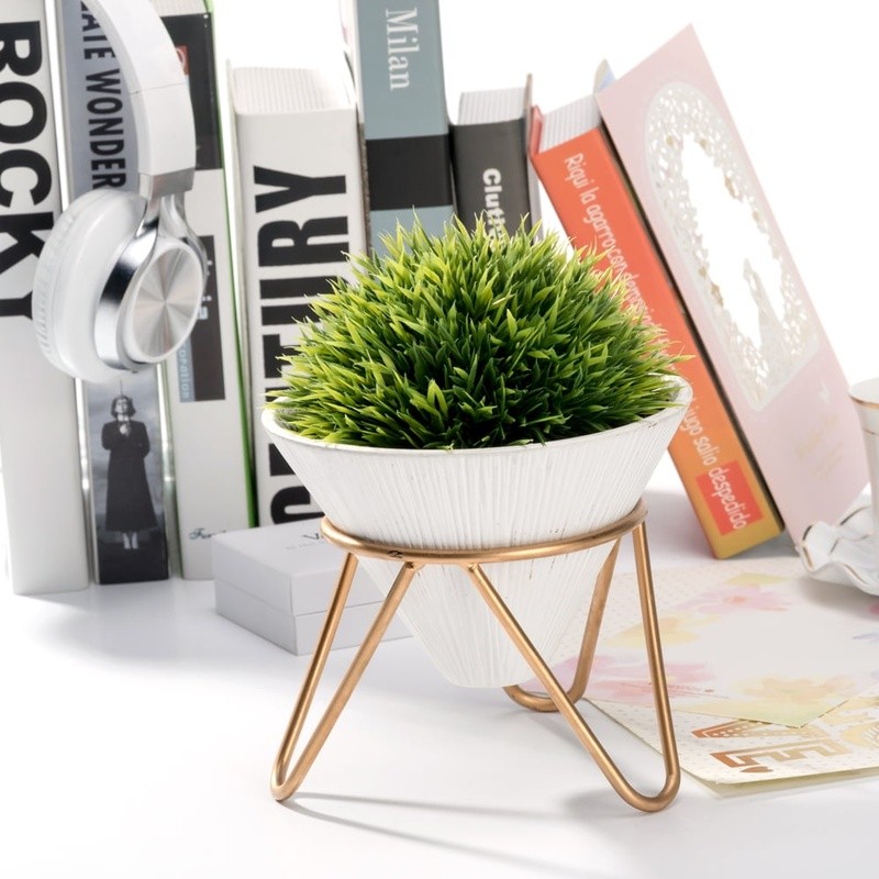 Faux Green Grass Plant in Ceramic Pot W/ Brass Metal Rack Home Office Decor New