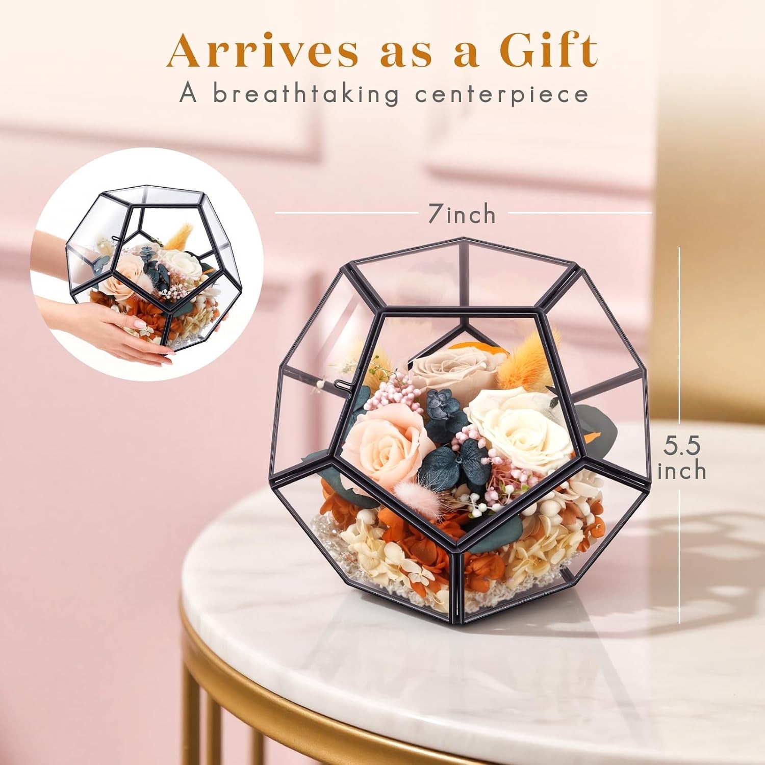 Preserved Rose Floral Arrangement in Geometric Glass Dome Gift for Mom Her