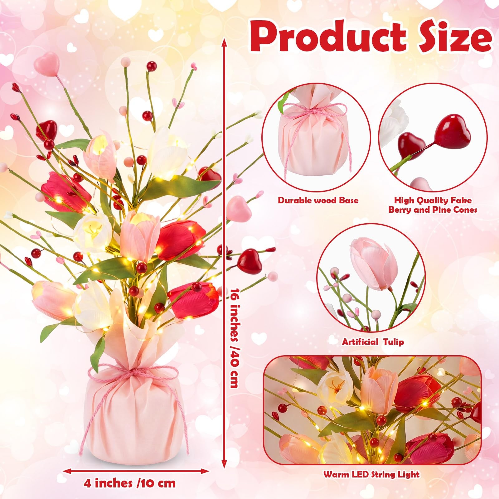 2 PCS 16 Inch Spring Artificial Tulip Table Tree Decoration Light Burlap Base