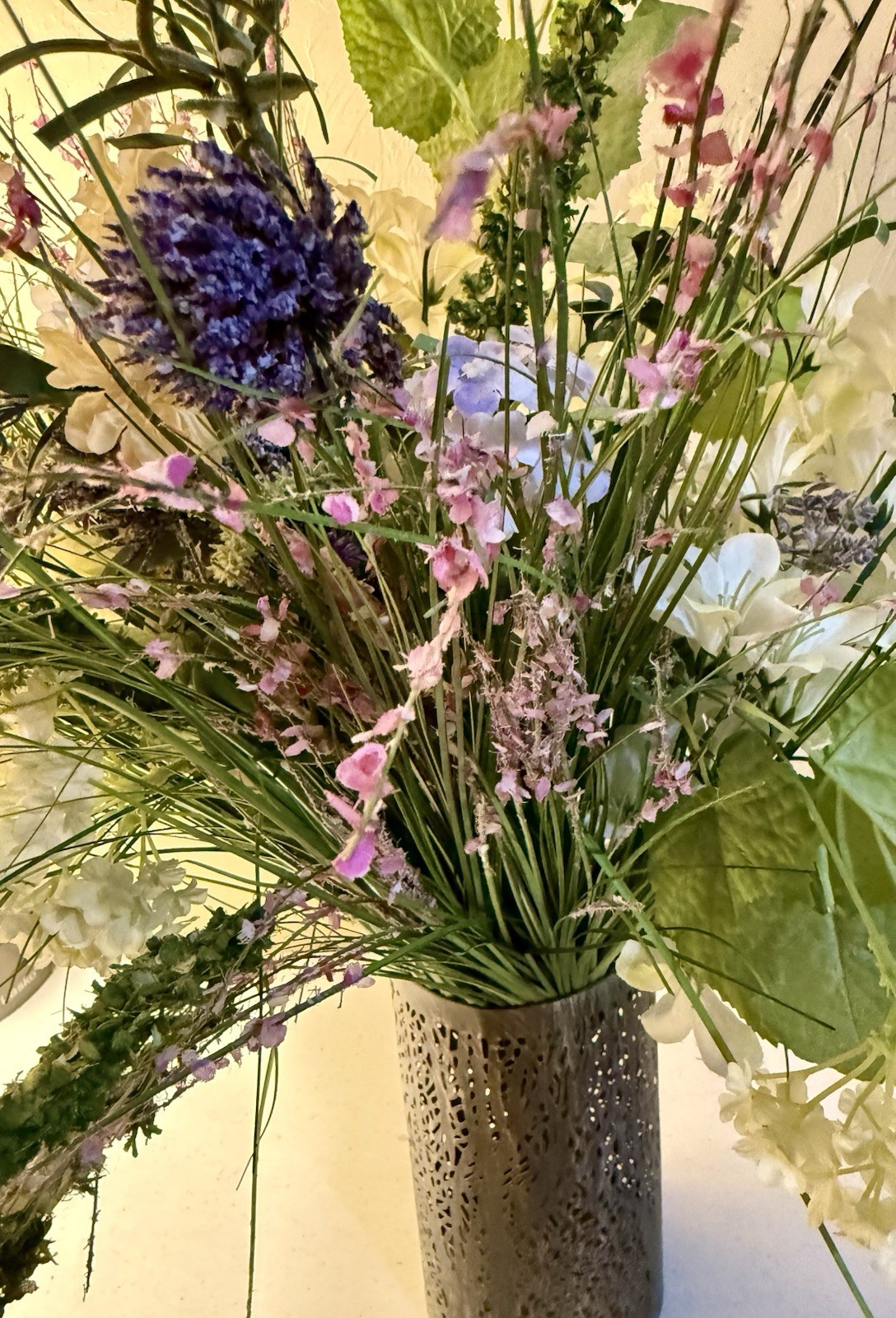 Faux Floral Arrangement White Hydrangea Lavender Metal Cylinder Vase Decor
