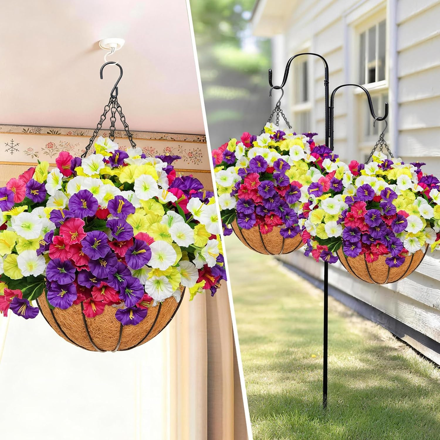 2 Set Artificial Hanging Flowers with Basket for Outdoor Spring Summer Decor – R
