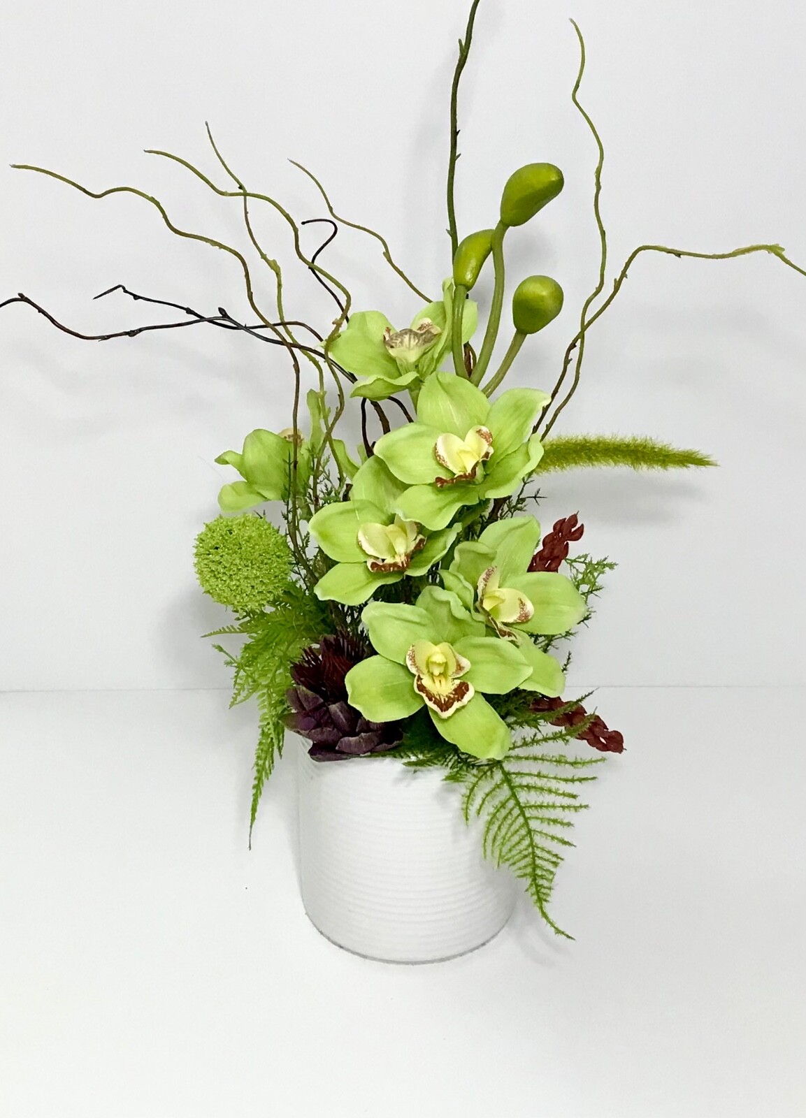 ELEGANT PALE MINT GREEN ORCHIDS ARRANGEMENT CERAMIC VASE CENTERPIECE GIFT NEW
