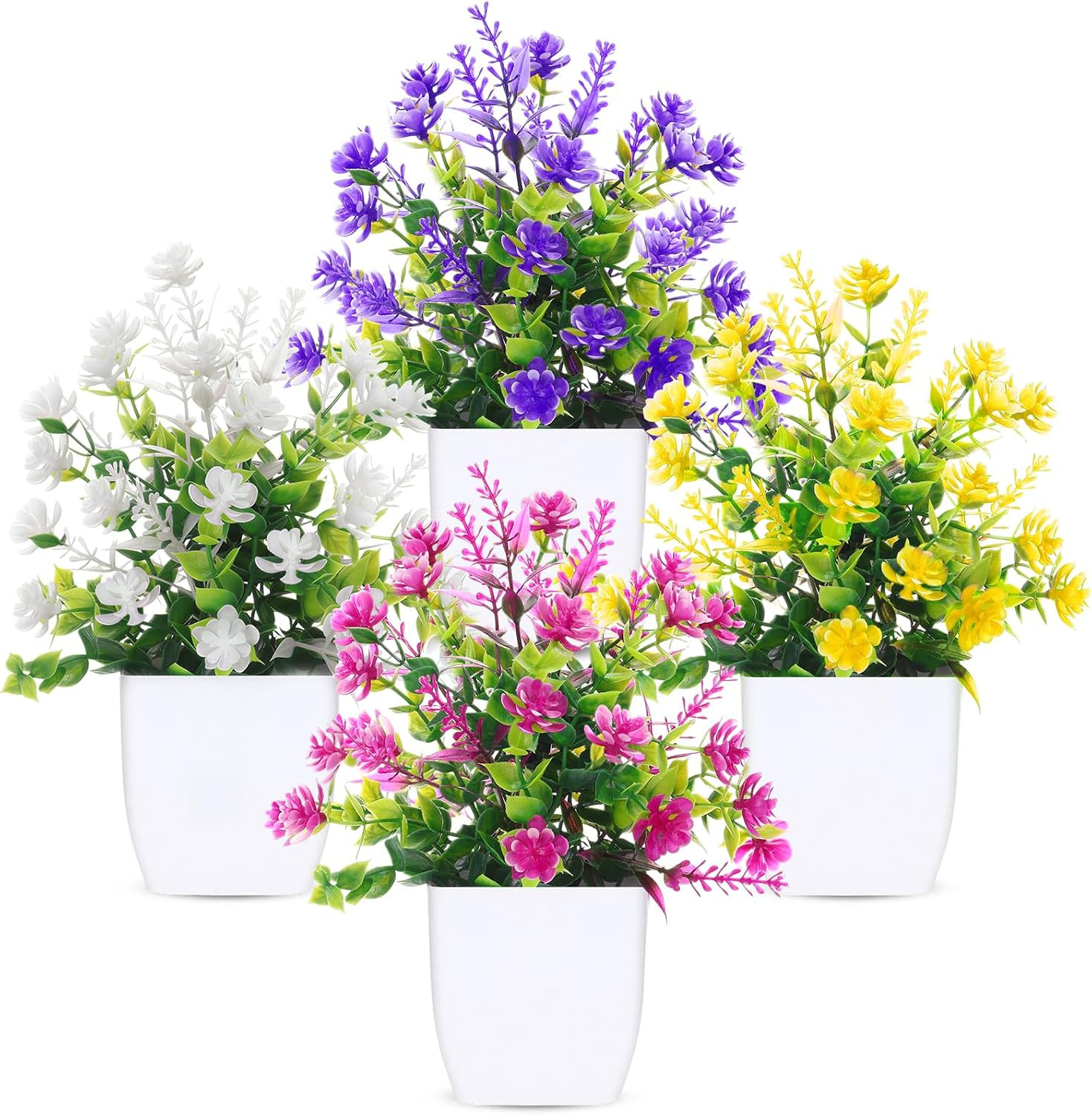 Fake Flowers 4 Packs Faux Potted Flower Lavender with Eucalyptus Flowers Small D