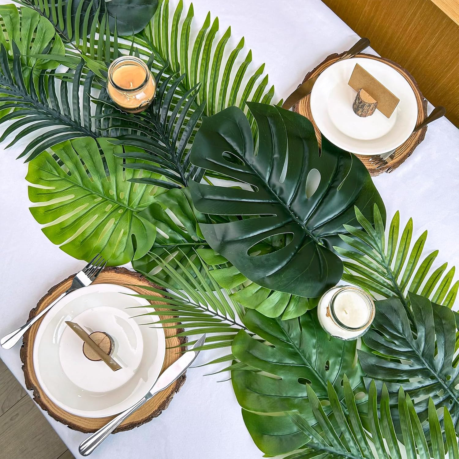 13 Pcs Tropical Faux Monstera and Palm Leaves Set Luau Wedding Decor
