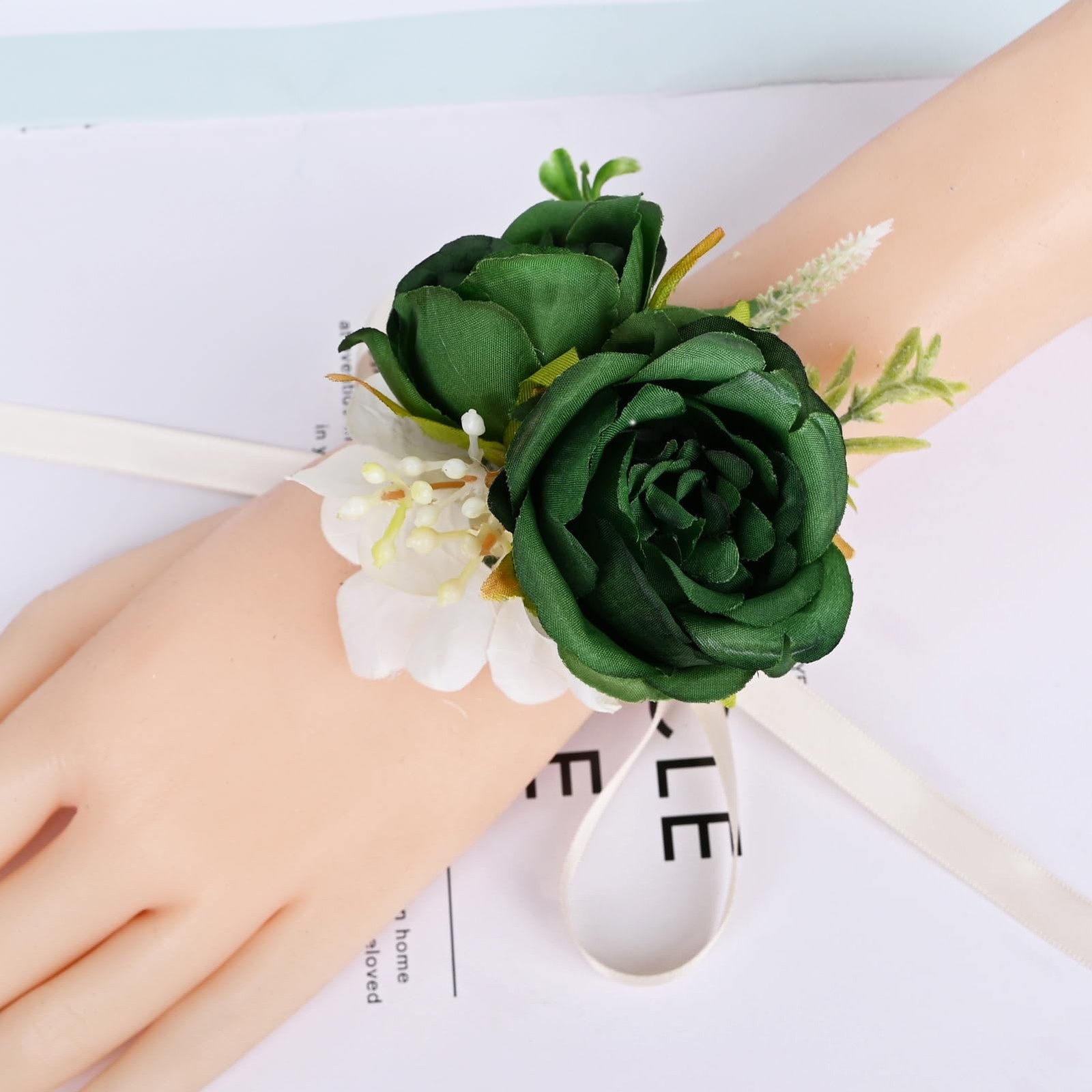 Dark Green Artificial Flowers Wrist Corsage and Boutonniere Set for Wedding 2PCS