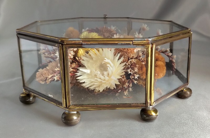 Lot (2) Vintage Octagon/Rectangle Glass Boxes w/ Dried Fall Floral Arrangements