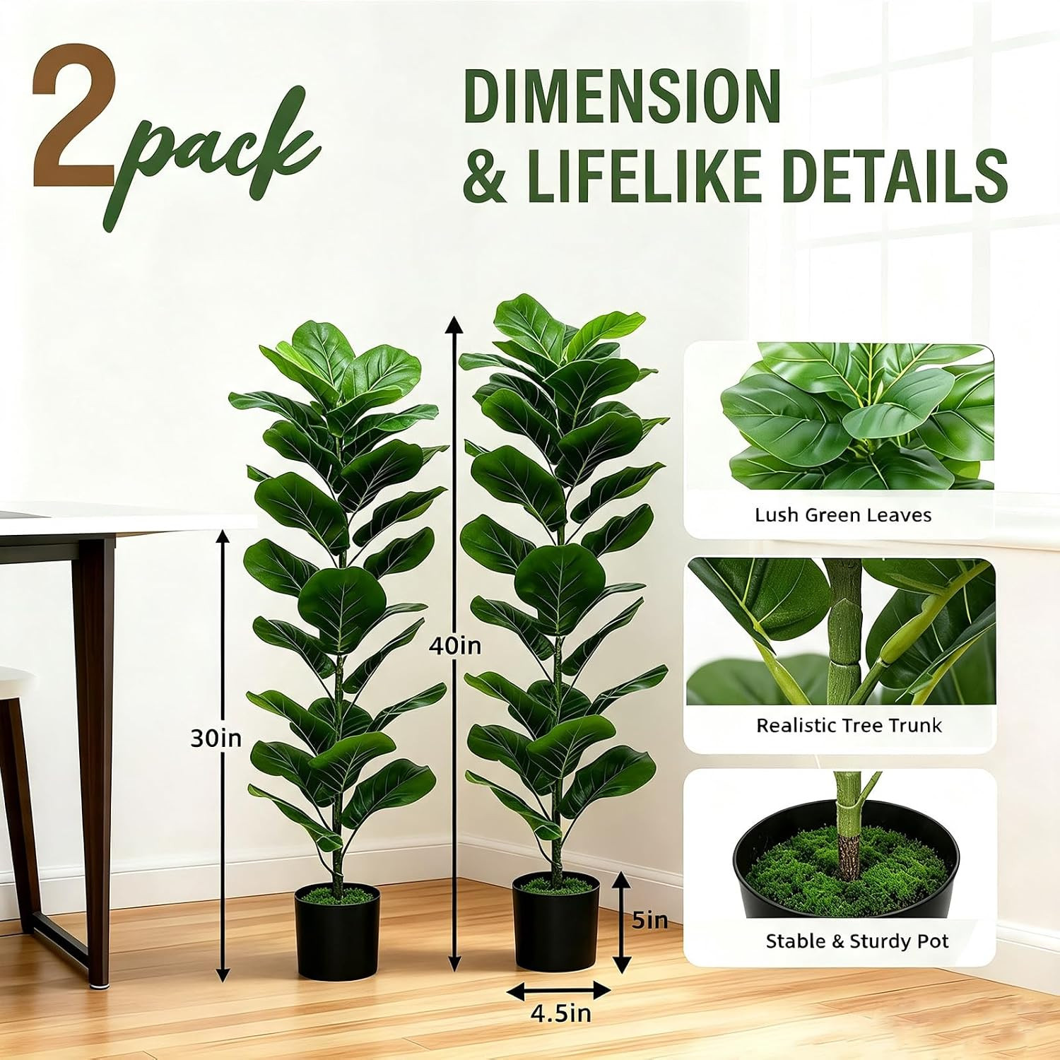 2 Pack Faux Fiddle Leaf Fig Trees, 40In Faux Trees Indoor Floor Plant, Fake Tree