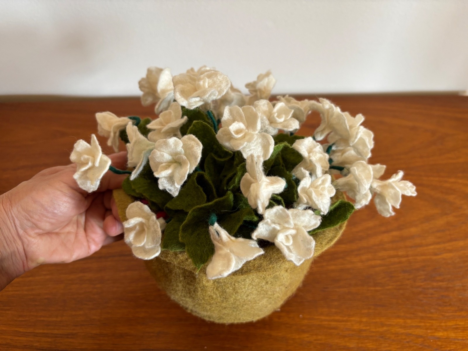 Handmade Hand Felted White Wool Flowers in a Pot for Decoration