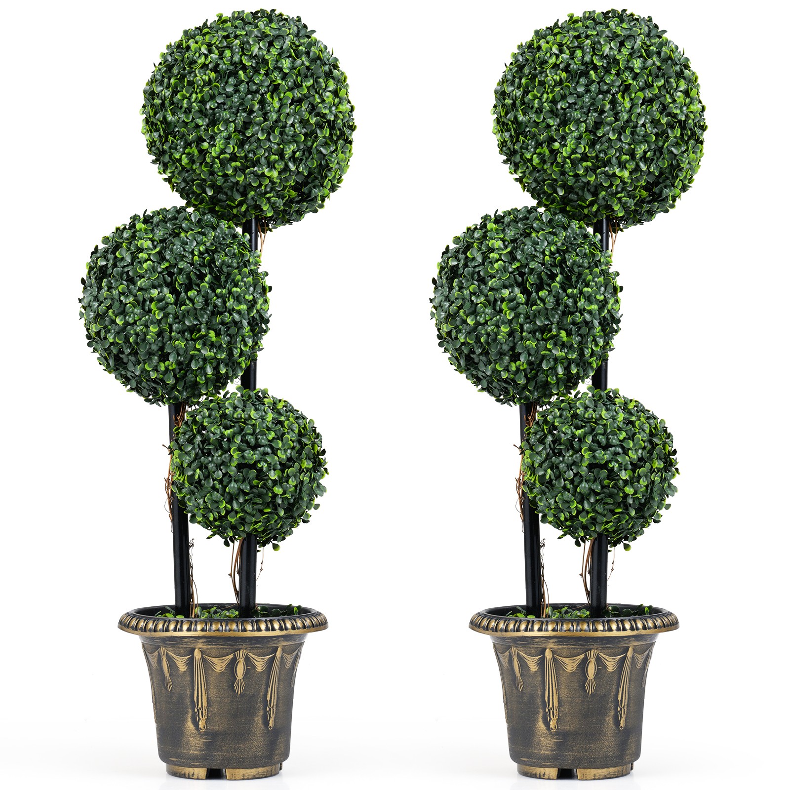 2PCS 3 FT Artificial Boxwood Topiary Tree, Sun-Protective Triple Ball Shrubs