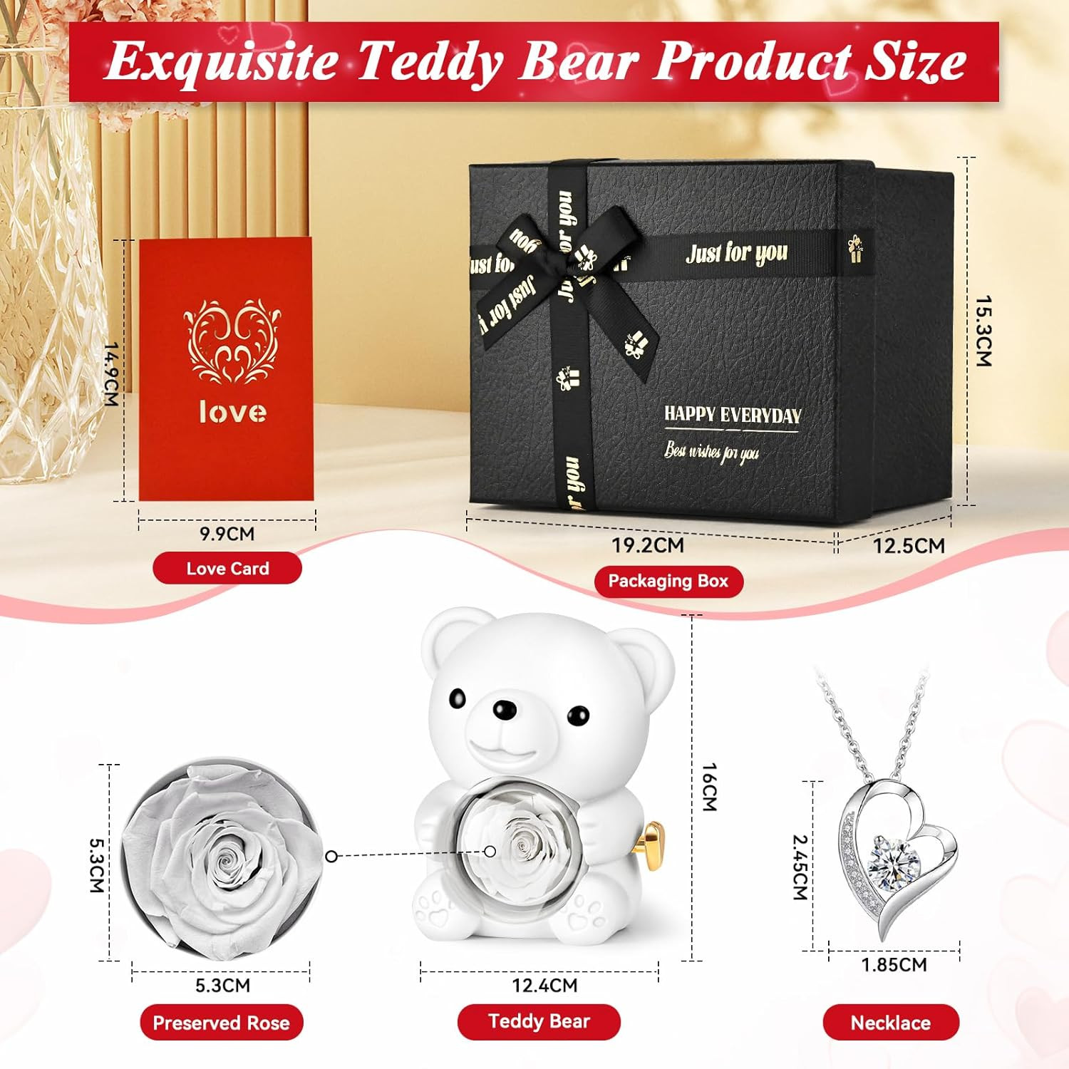 White Teddy Bear Preserved Real Rose Necklace Jewelry Box Gift for Her Valentine