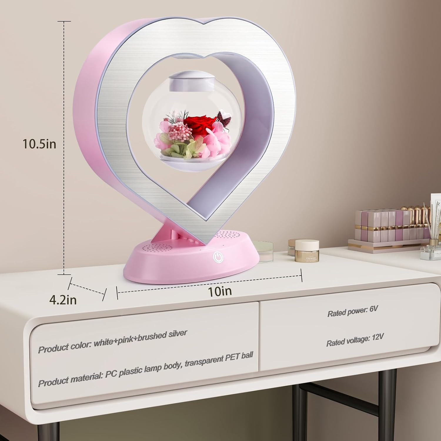 Heart Preserved Rose Flowers with Bluetooth Speakers, 5W Pink Magnetic Levitatio