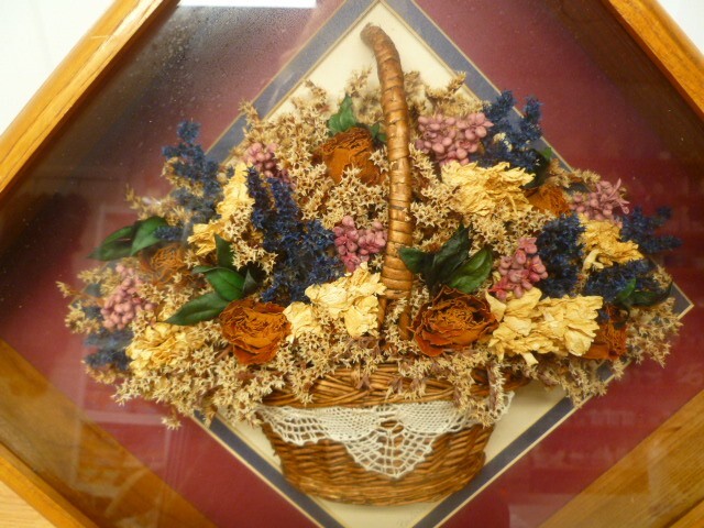 Vintage Hanging Wooden Shadow Box w/ Basket of Dried Flowers Signed Wall Art