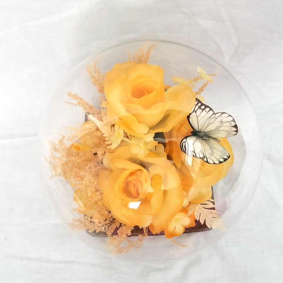 Butterfly & Yellow Rose Faux Flowers In Glass Dome Curio Display Globe 9″