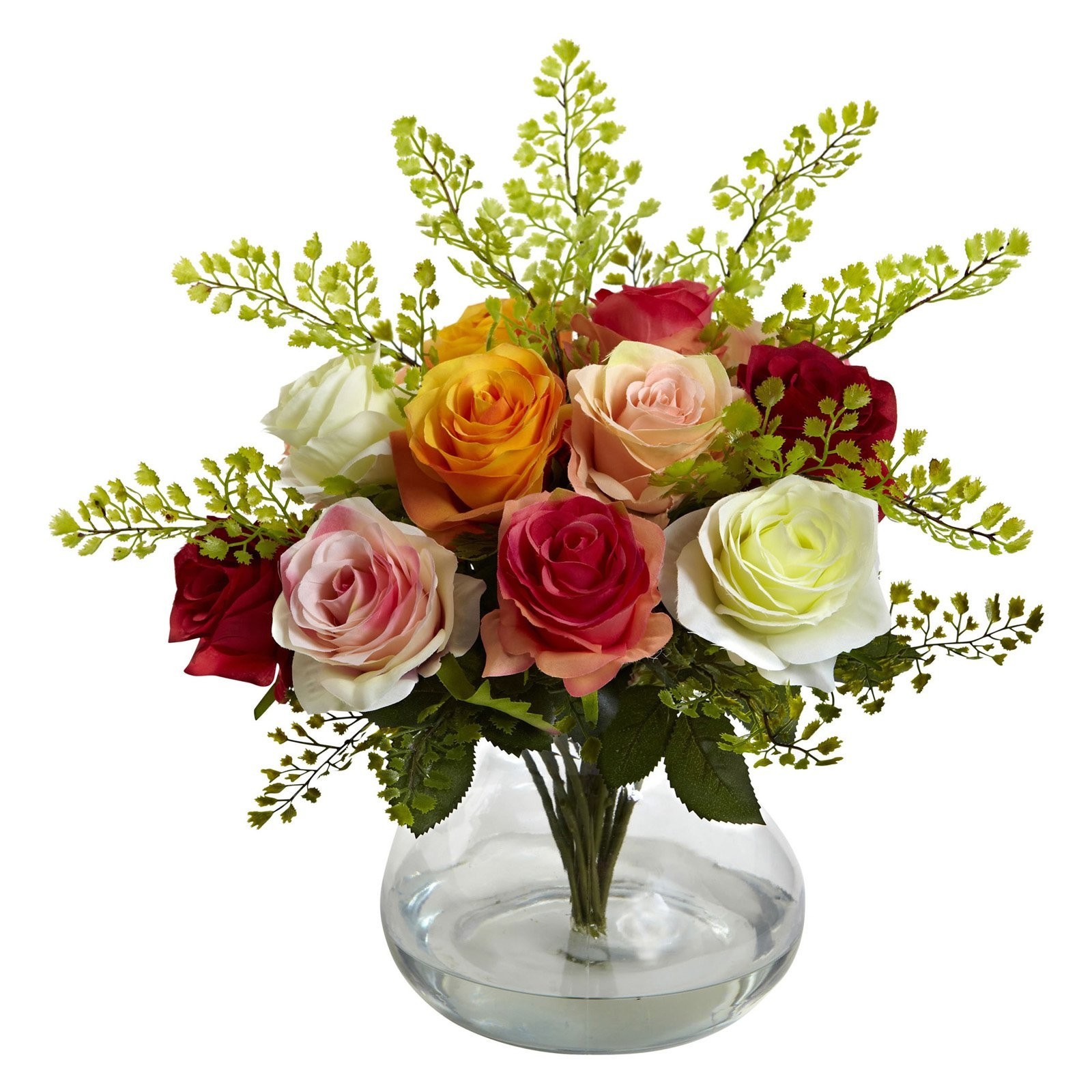 14″ Peach Rose & Maiden Hair Arrangement in Glass Vase Faux Floral Home Decor
