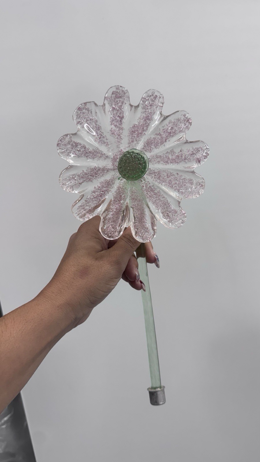 Art Glass Daisy Flower Arrangement Centerpiece, Pink Green Clear Bowl Base