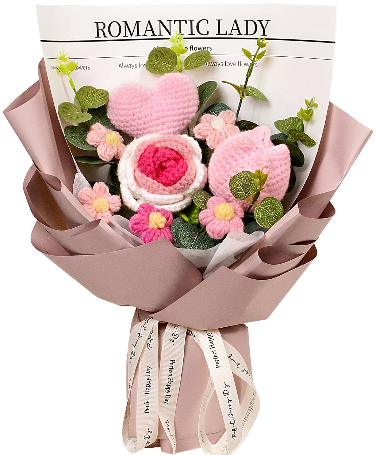 Pink Crochet Flower Bouquet Rose Tulip Love Heart Anniversary Birthday Gift