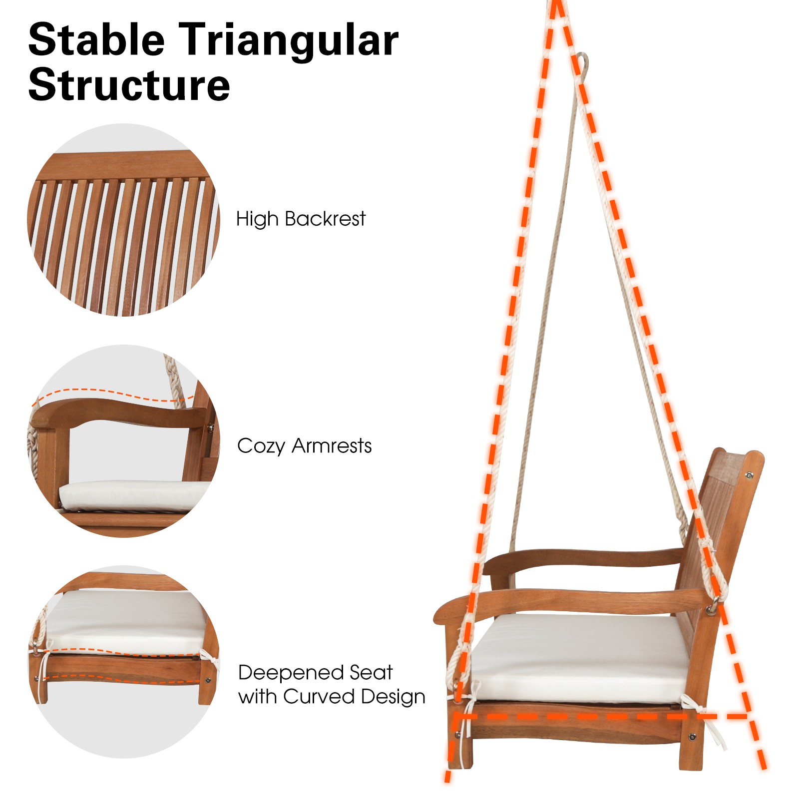 2-Person Porch Swing Bench Wooden Swing w/ Ergonomic Backrest & Seat Natural