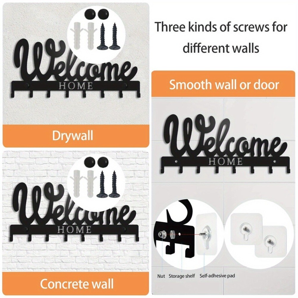 Black Metal Welcome Key Holder Wall Mounted Entryway Organizer Decor Gift