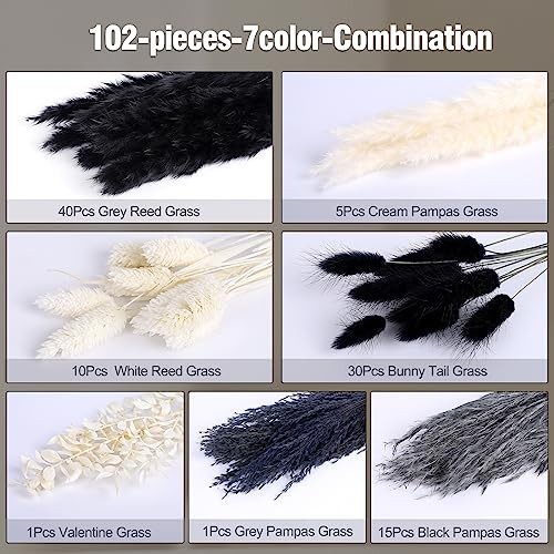 102PCS Black Pampas Grass Decor, Grey White Natural Dried Pampas D-Black 102Pcs
