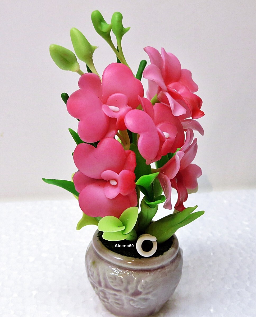 US Stock 4″H Handmade Air-Dry-Clay Pink Mini Dendrobium Orchid Arrange in Pot