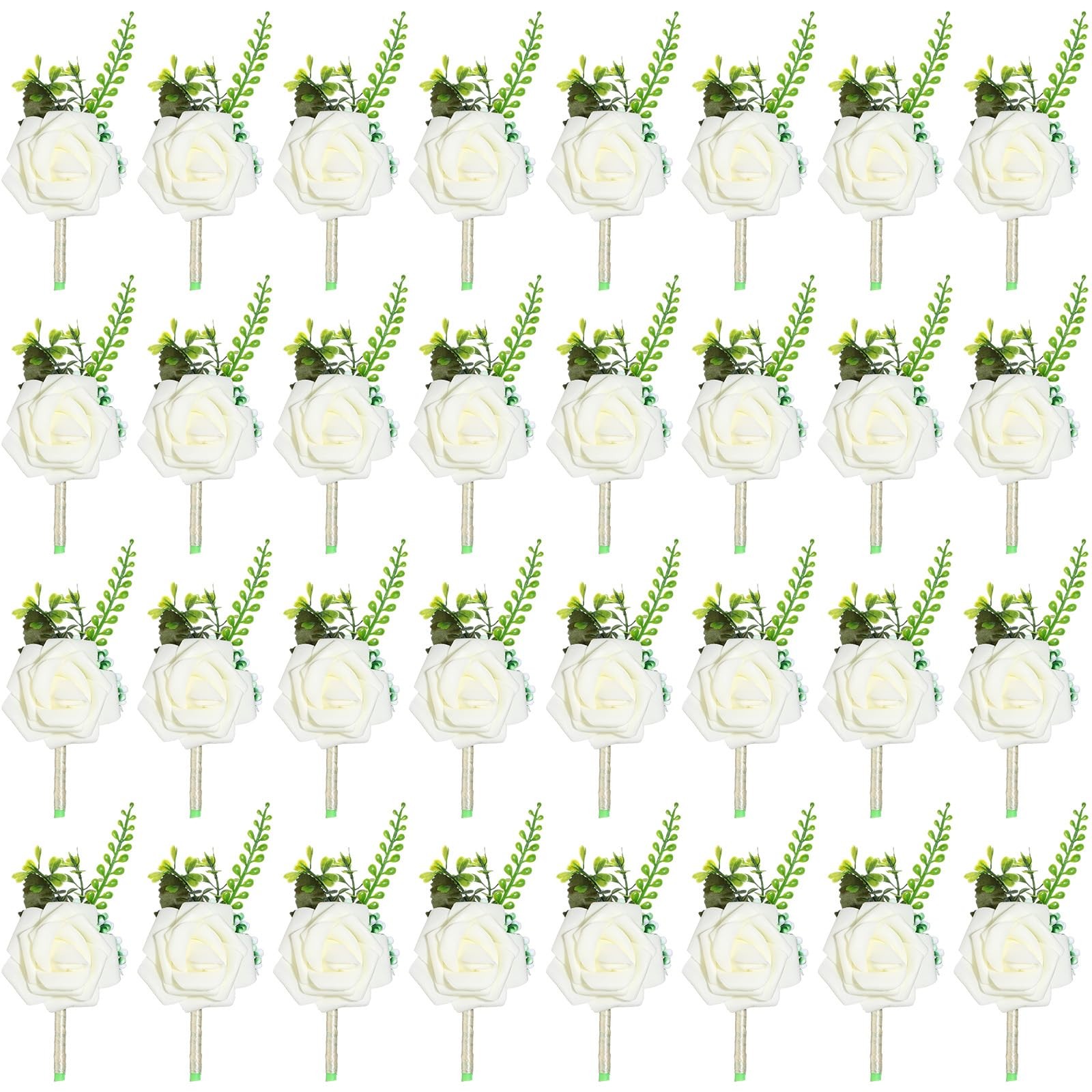 Retrowavy 32 Pcs Ivory White Rose Boutonniere Pins for Men Wedding Corsages G…