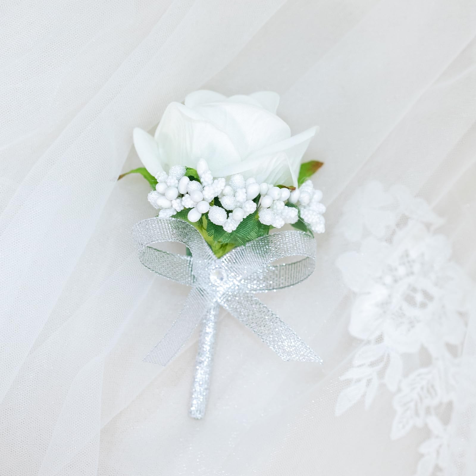 2Pcs White Rose Corsage and Boutonniere Set, Corsage Wristlet Band for Prom D…