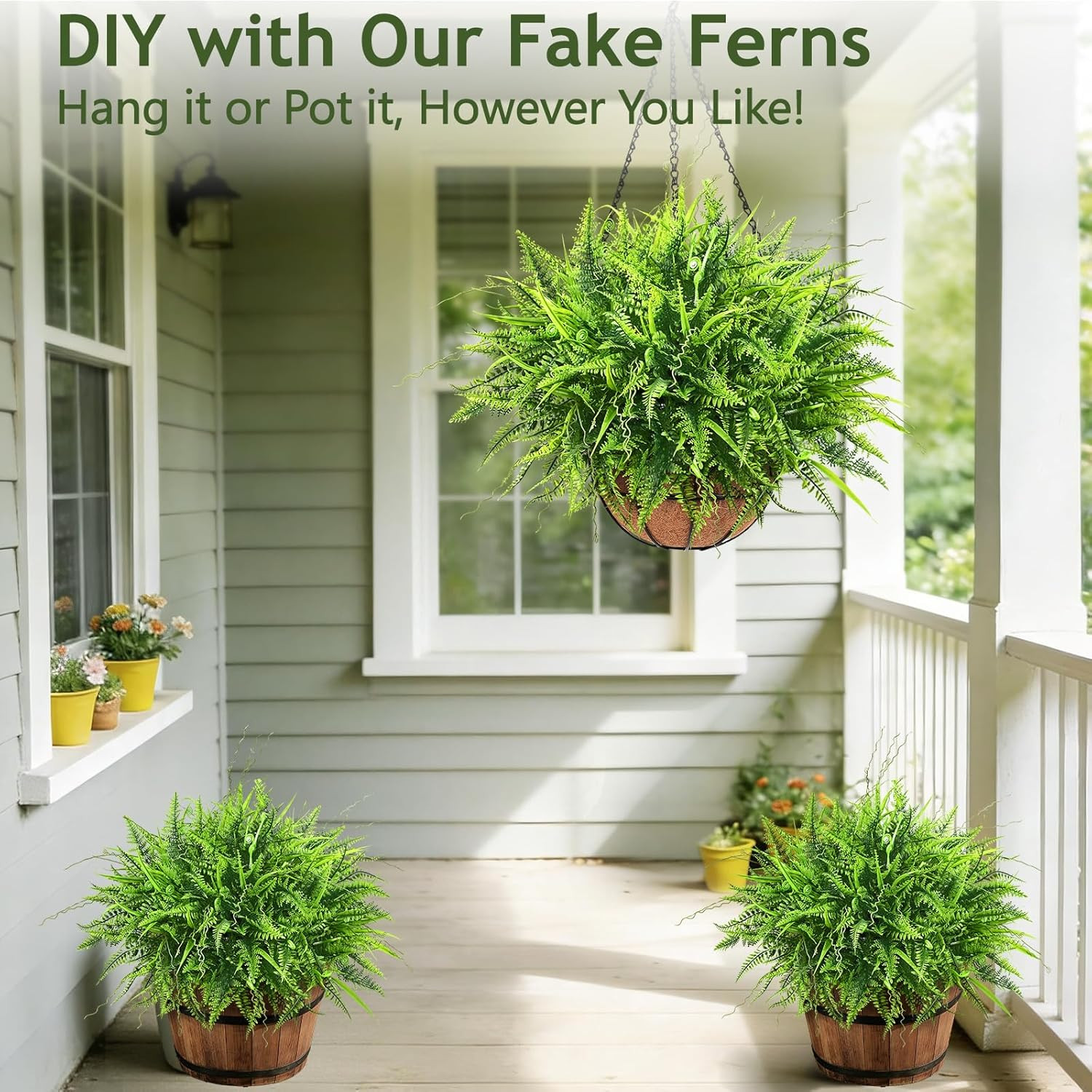 2 Pack Artificial Hanging Ferns for Outdoors, UV Resistant Fake Mixed Ferns with