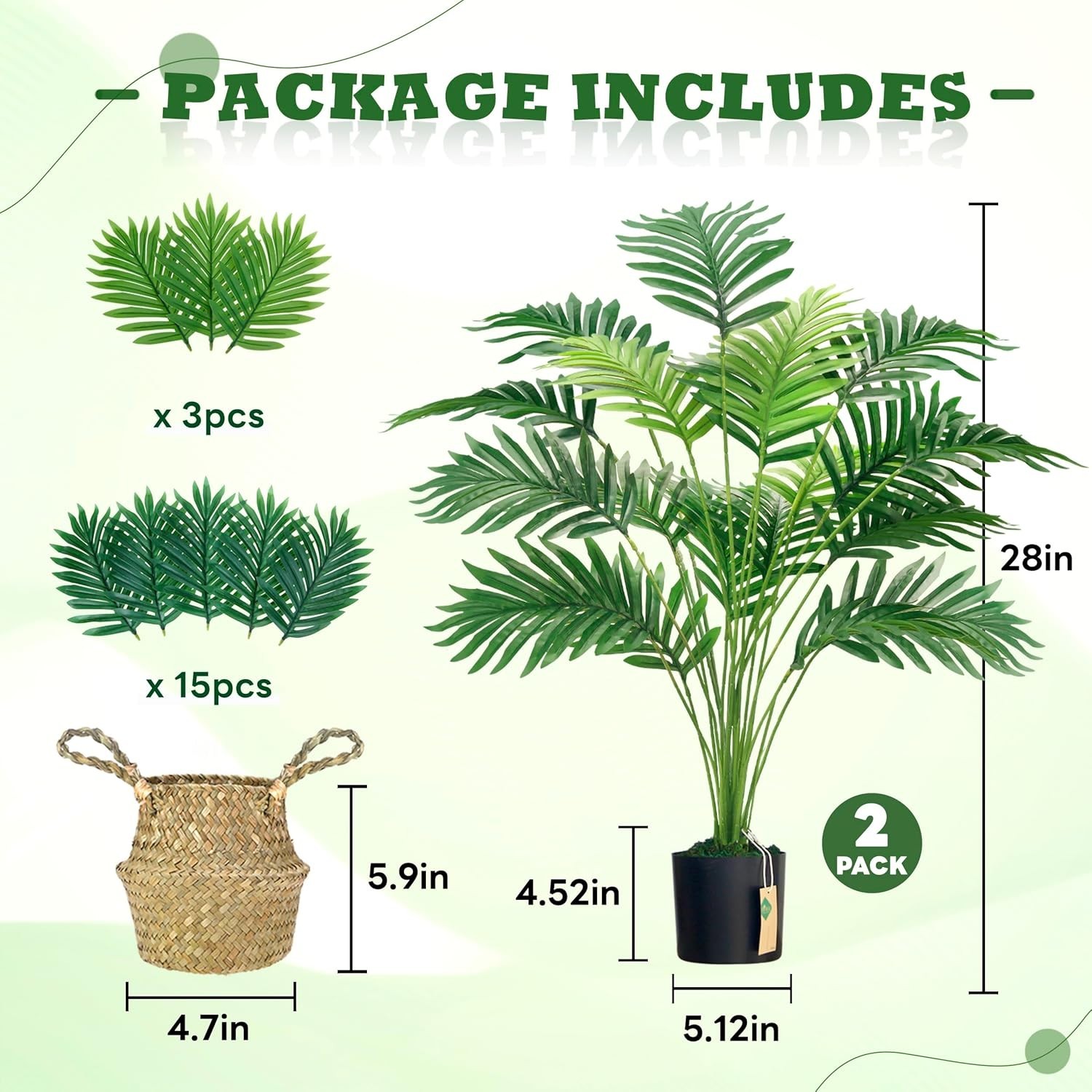 2Pcs Fake Palm Tree 28Inch Large Fake Potted Faux Areca Palm Plant with Hand-…