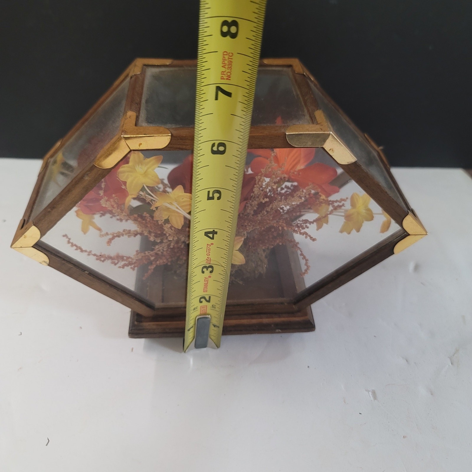 Vintage glass brass wood encased flowers decor Autumnal Colors