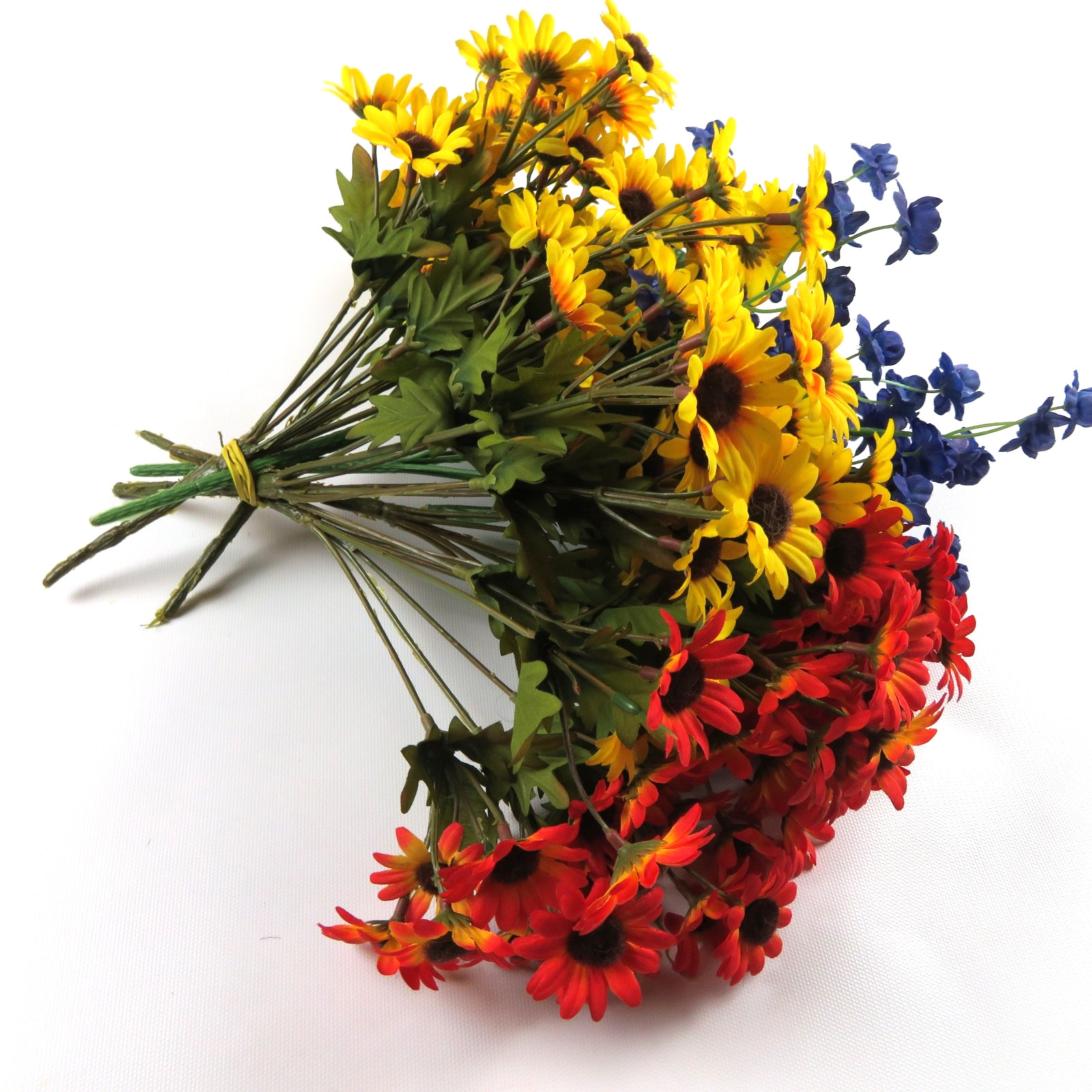 Mixed bouquet of artificial flowers, yellow & orange daisies, blue, 7 bundles