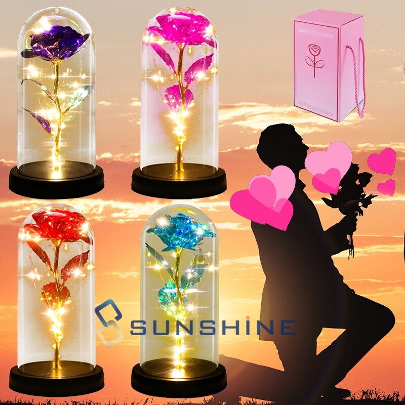 Gold Plated 24k Dipped Rose Flower In Glass Dome Romantic Gift Love For Mom Girl