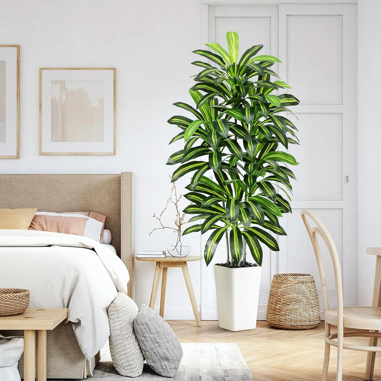 Artificial Dracaena Tree – 6FT Tall Fake Plants with White Tall Planter – Artifi