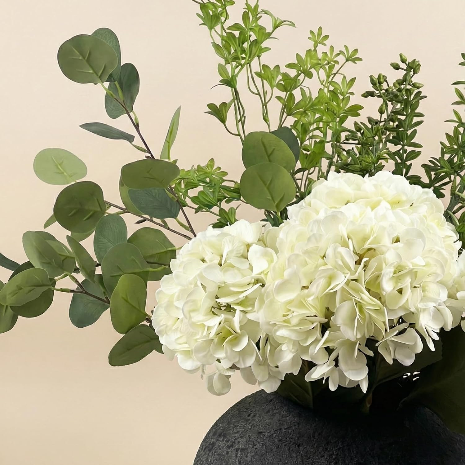 Faux Arrangement – Eucalyptus & White Hydrangea Flowers, Large Artificial Floral