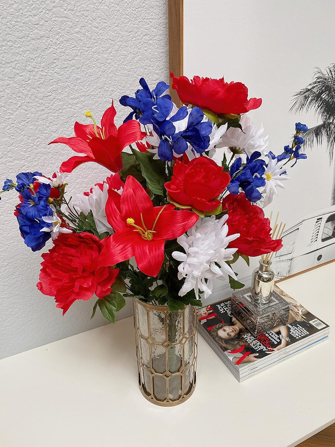 24 Stems 2Pcs Artificial Flower Peony Lily Mum Patriotic Memorial Bouquet Cemete