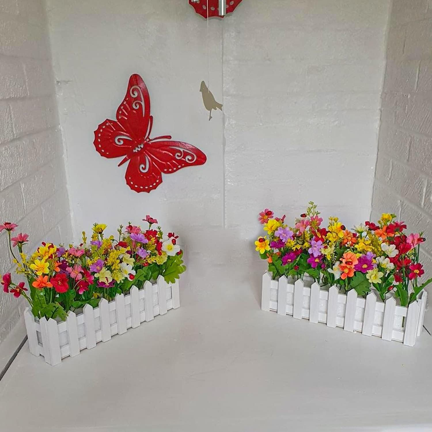 Artificial Flower Plants – Mixed Color Daisies in Picket Fence Pot for Indoor Of