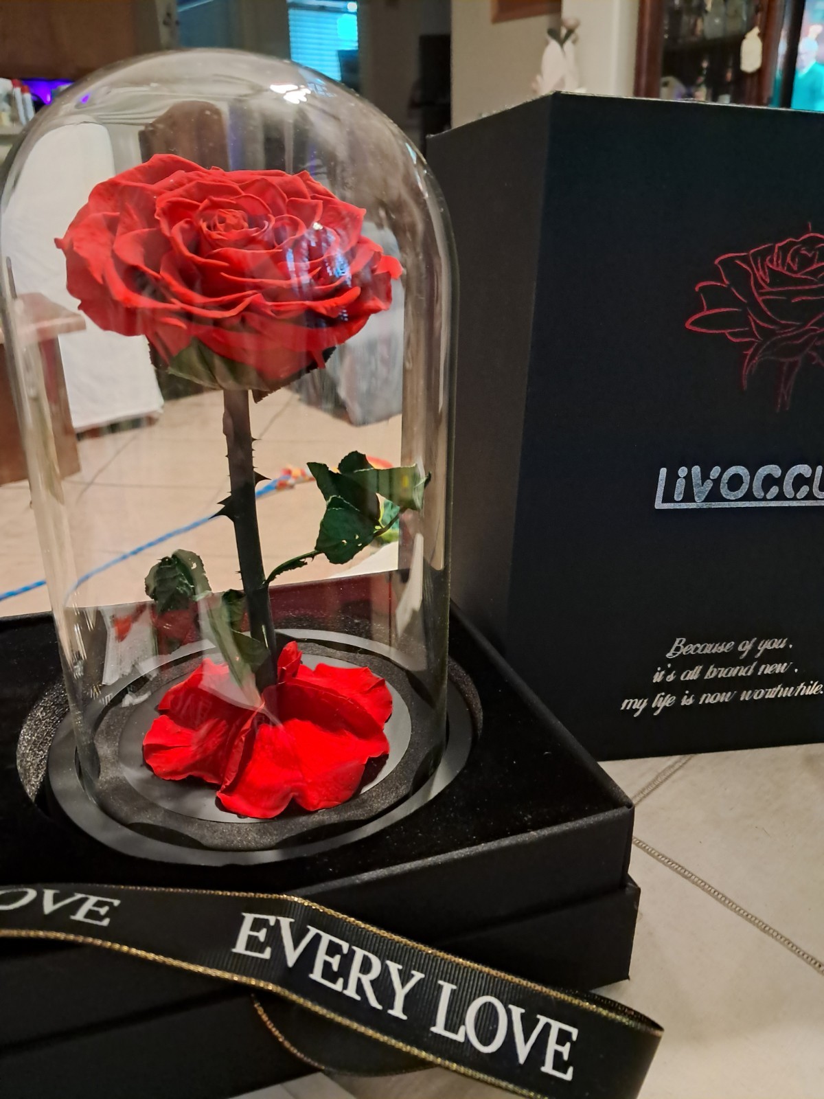 Livoccur Preserved RED ROSE in Glass DOME 4.7″×4.7″×7.5″ Stand