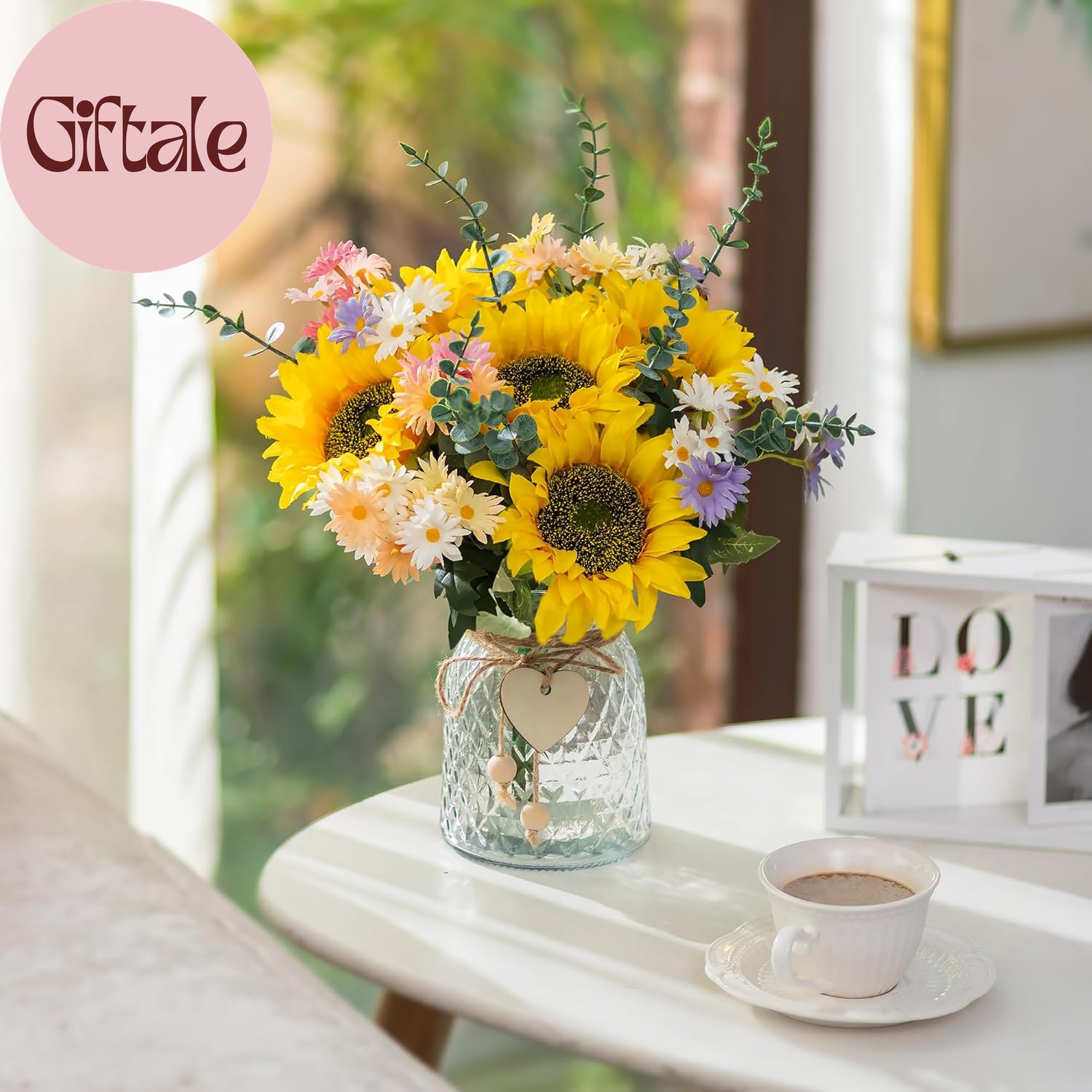 Sunflower Fake Flowers in Vase: Sunflowers Artificial Flowers with Vase for Tabl