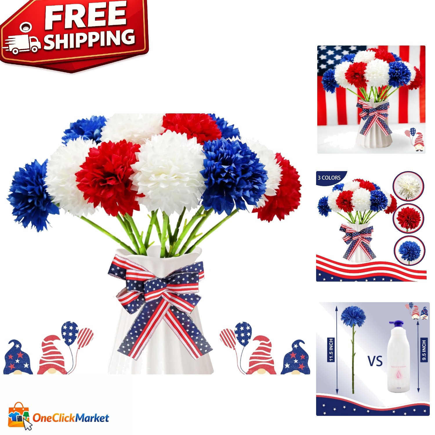 Patriotic 12-Pc Faux Chrysanthemum Bouquet in Red, White, and Blue for Events