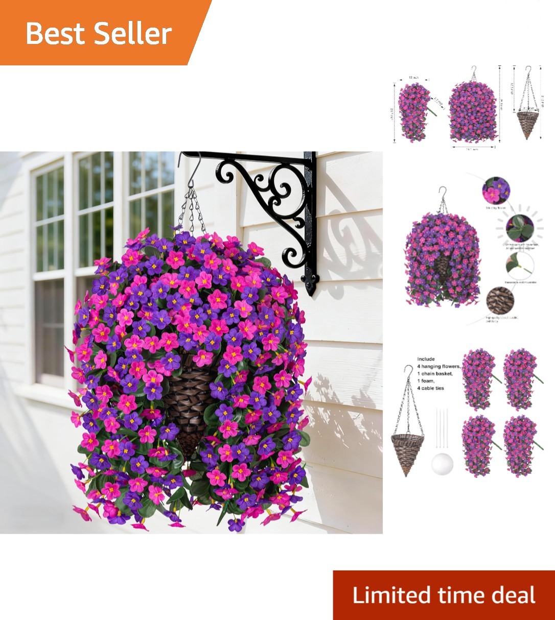 UV Resistant Artificial Hanging Flowers in Elegant Basket – -round Decor