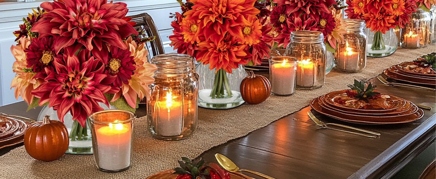 Faux Fall Flowers in Vase, Artificial Dahlia & Mum Silk Floral Arrangement with