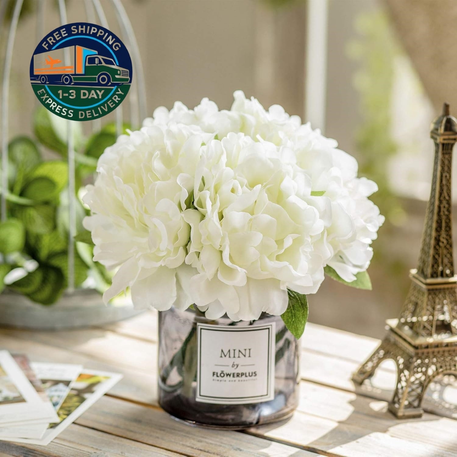 Decoración de hortensias artificiales y jarrón de cristal, juego de botellas