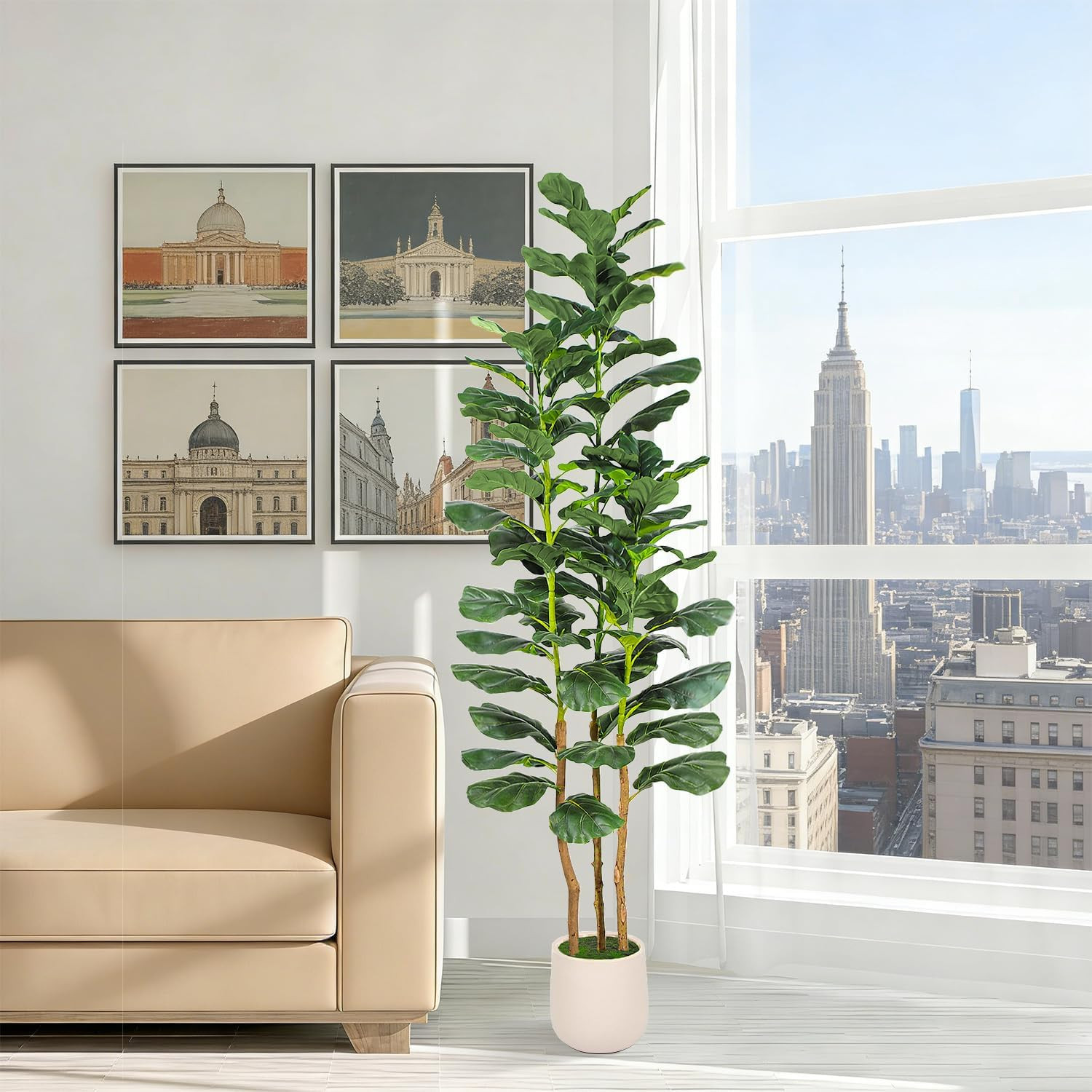 6ft Artificial Fiddle Leaf Fig Tree with White Planter, Tall Fake Plant with Nat