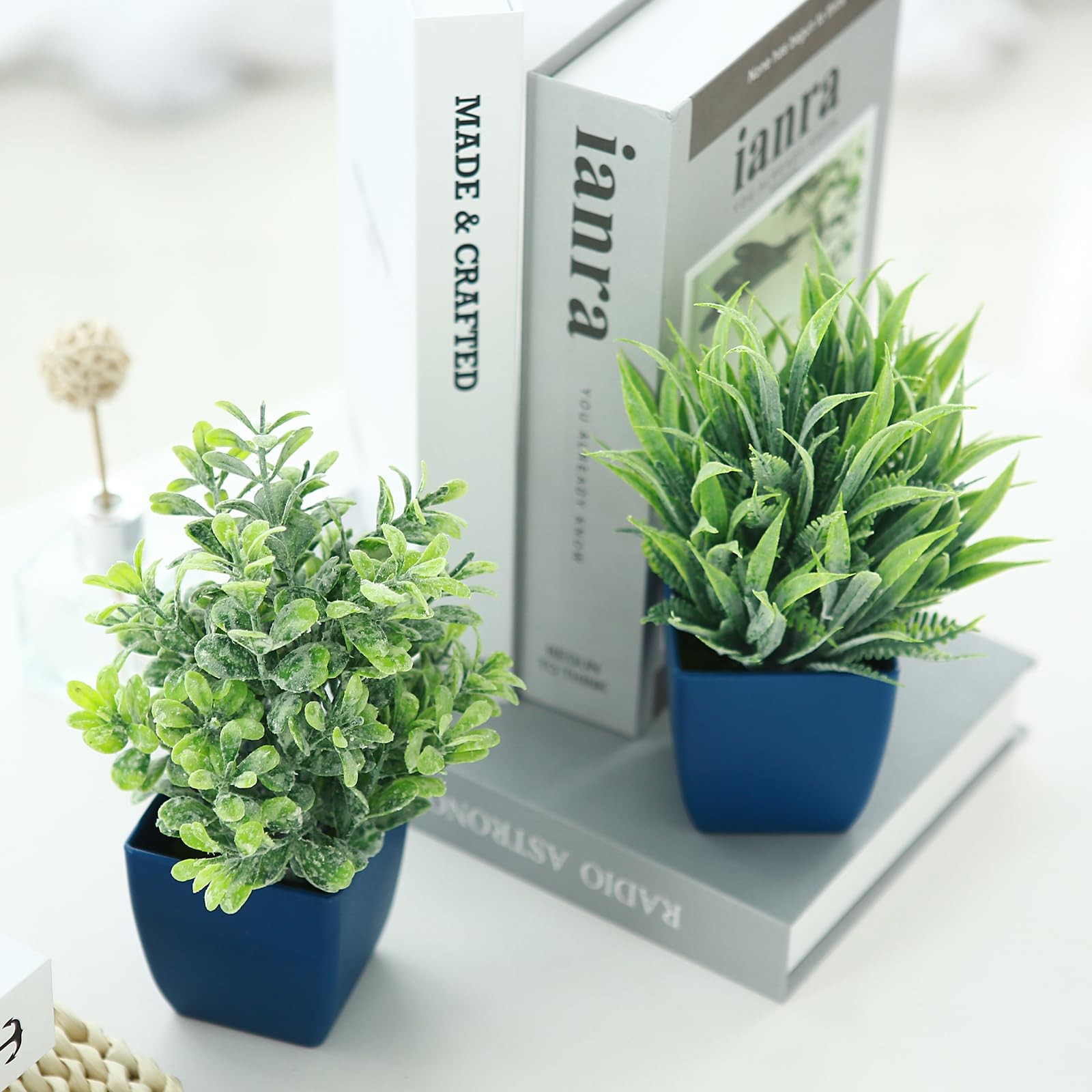 2 PCS Small Fake Plants In Blue Pot Artificial Eucalyptus Rosemary Decor