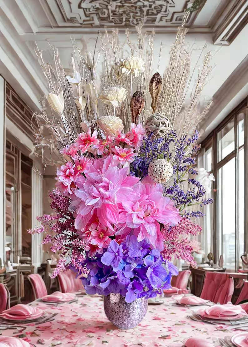 Large Pink & Purple Floral Arrangement: Shabby Chic Home Decor Table Centerpiece